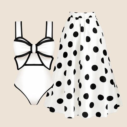 qgtao 2024 Black White Retro One Piece Swimsuit Women Bow Tie Swimwear with Skirt Sexy Bathing Suit Monokini Beach Bodysuit Beach Wear