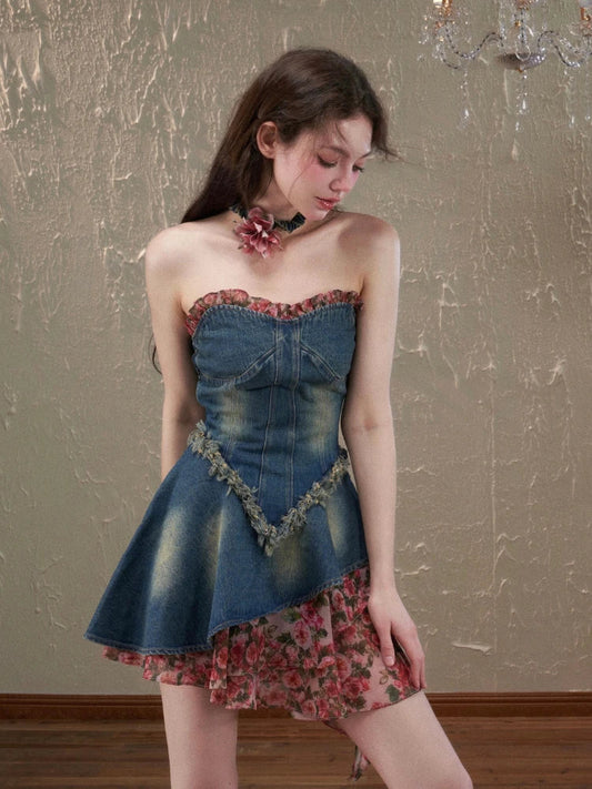 qgtao-Summer Vintage Denim Dress Women Casual Patchwork Floral Party Mini Dress Female Korean Fashion Designer elegant Slim Dress 2023