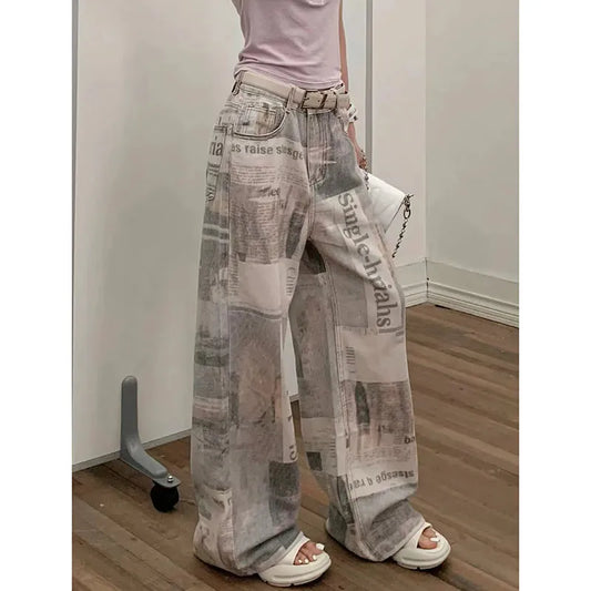 qgtao  -  Women's Graphic Print Jeans Baggy Harajuku Y2k Aesthetic Oversize Denim Trousers Korean Jean Pants Vintage 2000s Trashy Clothes