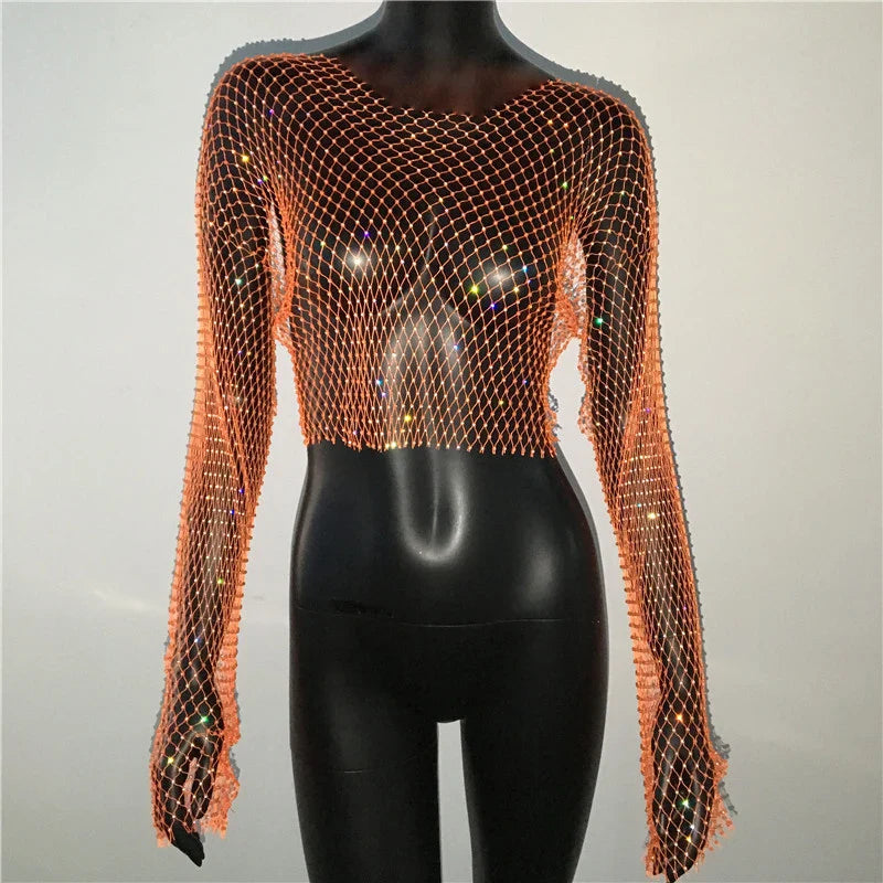 qgtao Women Sexy Mesh See Through T Shirt Shiny Rhinestone Fishnet Hollow Out Crop Top Long Sleeve Beach Cover Up Party Club Tank Tops