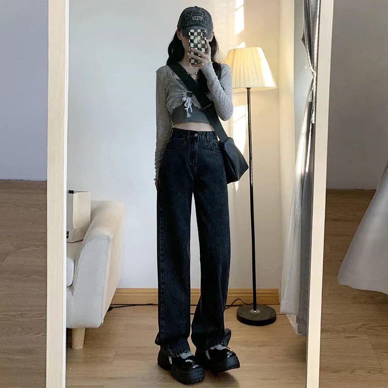 qgtao  High Waiste Jeans Y2K Fashion Women Clothing Blue Black Straight Leg Denim Pants Trousers Mom Jean Baggy Trousers Tall