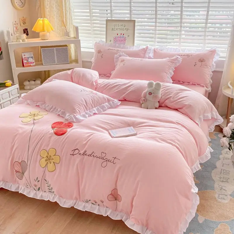 Yeknu Ins Korean Style Bedding Set with Ruffles Princess Duvet Cover No Filling Flat Sheet Pillowcases Kit Girls Blue Pink Solid Color