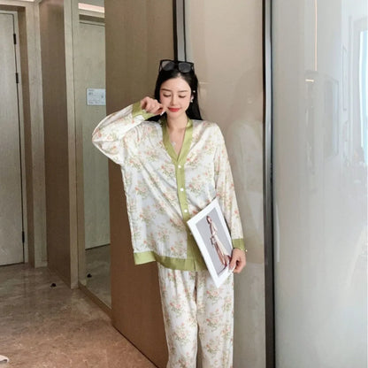 qgtao Spring New Pajamas Women's Ice Silk Flower Print Long Sleeved Loose Size Sleepwear