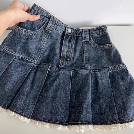 qgtao Vintage Denim Skirt Sweet Women Mini Skirts Lace Retro Y2K Patchwork Pleated Blue Casual Korean Streetwear Short Skirt