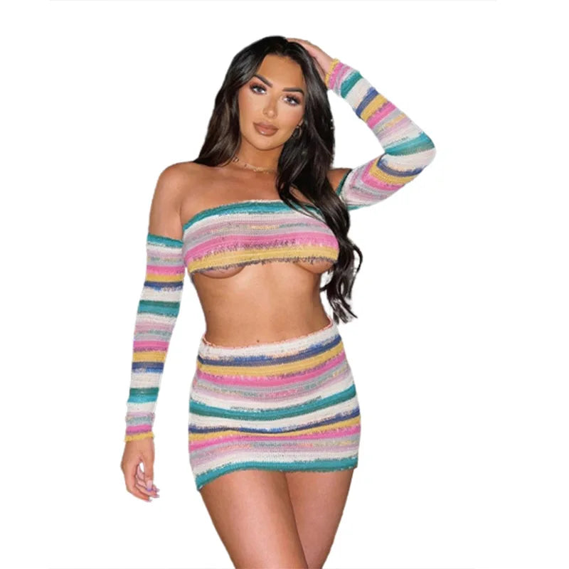 qgtao Knit Dress 2 Piece Skirt Set Crochet Knitted Dress Mini Striped Dress 2024 Summer Women Clothes Sexy Crop Tops Two Piece Outfit