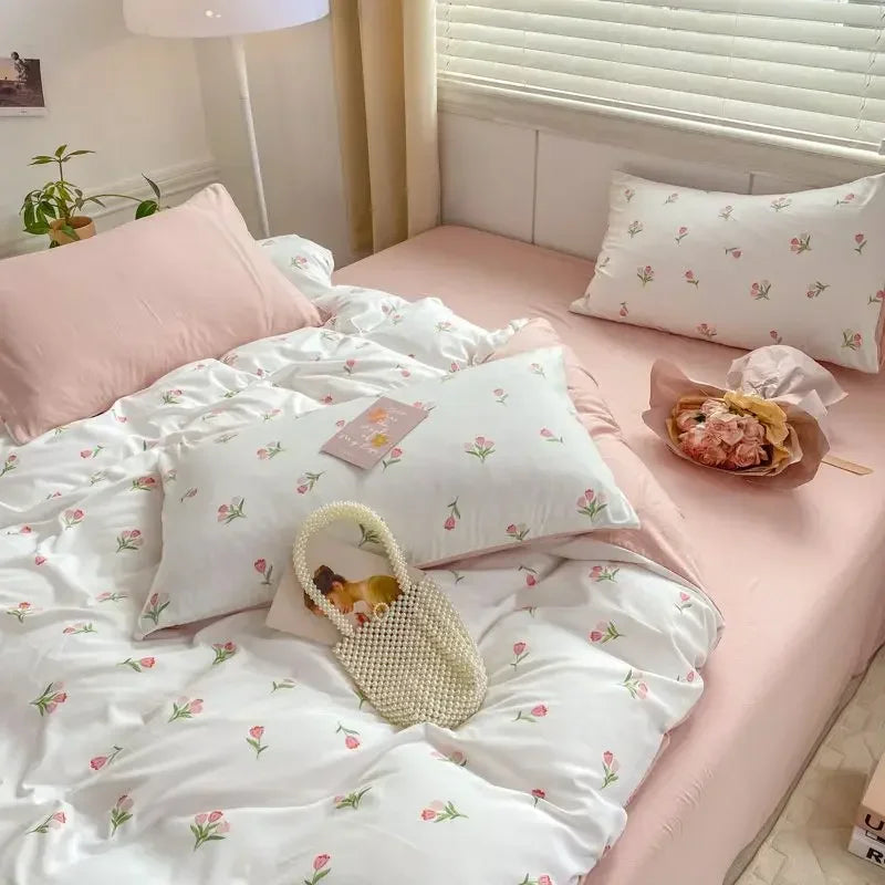 Yeknu Ins Pink Flowers Bedding Set Flat Bed Sheet Duvet Cover Twin Full Queen Nordic Bed Linen Boy Girl Bedding Sets Flower Cherry