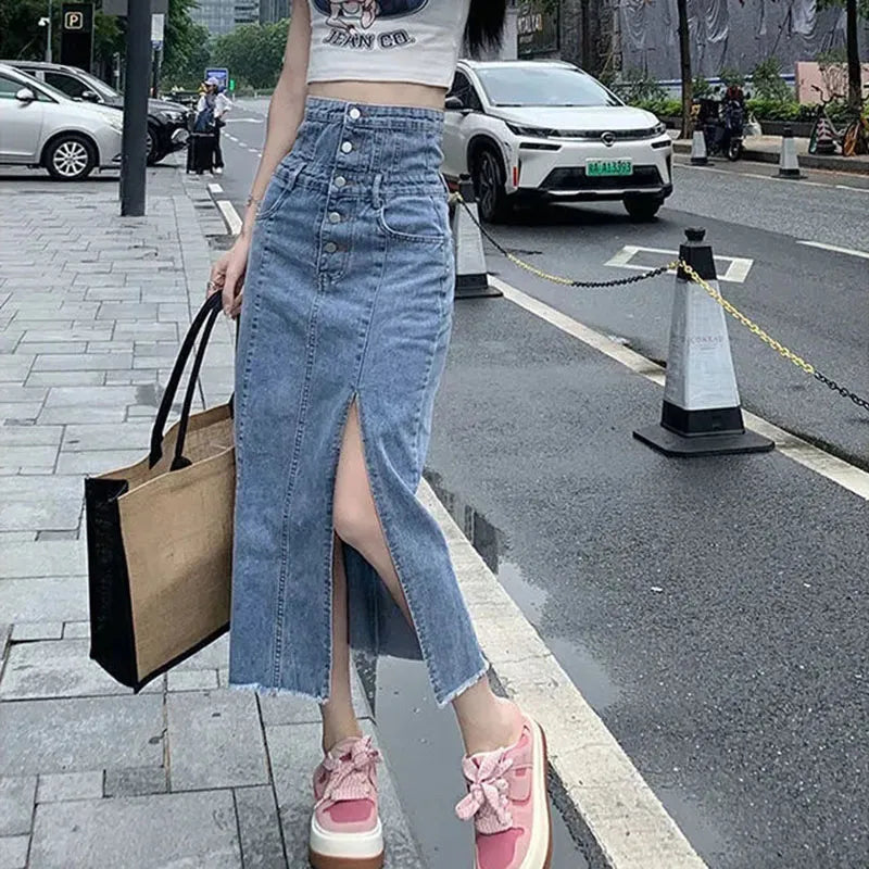 qgtao Vintage Front Split A-Line Skirt Women 2024 Spring Summer Single-Breasted Design Midi Skirts Woman Korean High Waist Jean Skirt