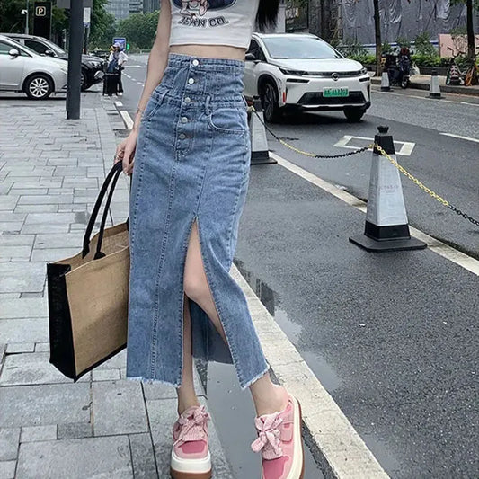 qgtao Vintage Front Split A-Line Skirt Women 2024 Spring Summer Single-Breasted Design Midi Skirts Woman Korean High Waist Jean Skirt