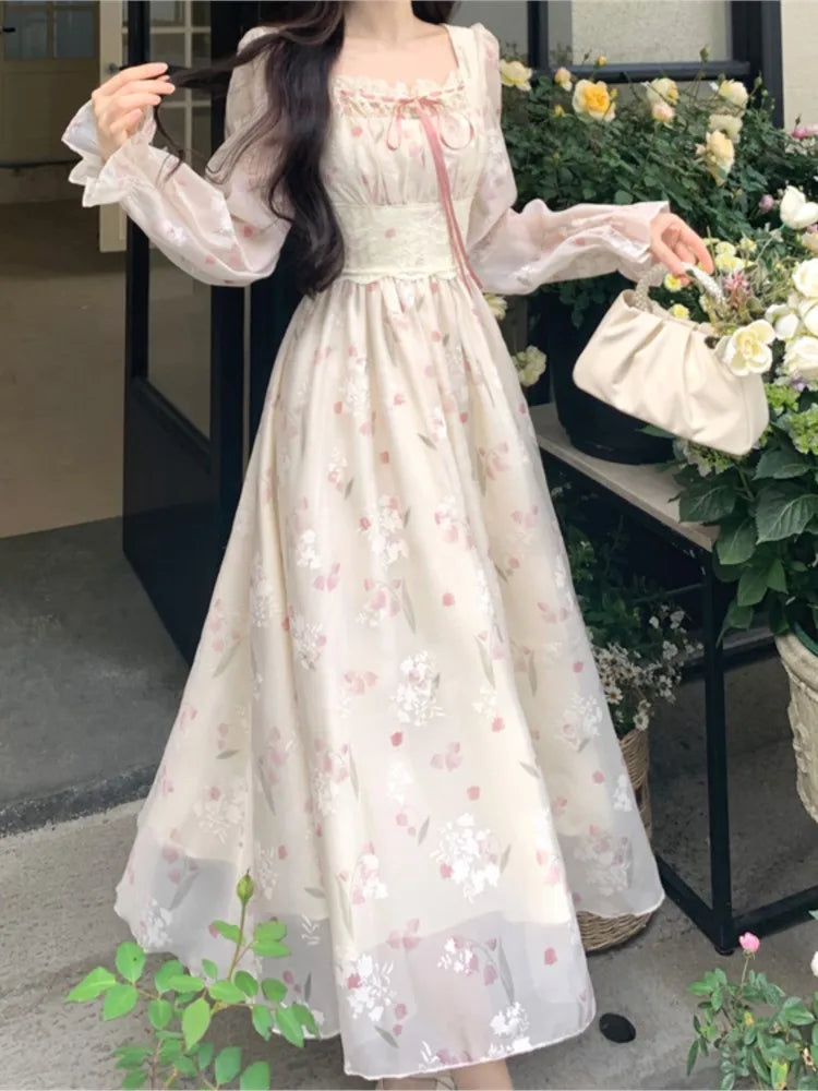 qgtao French Floral Print Fairy Midi Dresses for Women Square Collar Lace Patchwork High Waist Long Sleeve A-line Autumn Vestidos New