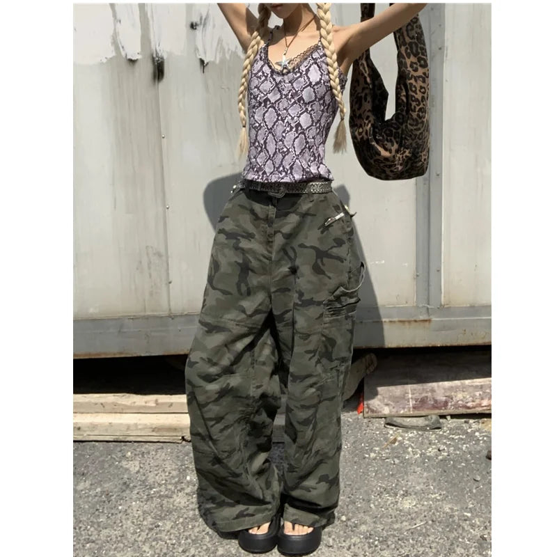 qgtao  -  Green low Waist Women Overalls Camouflage American Fashion Loose Streetwear Style Wide Leg Female Trouser Baggy Straight Pants