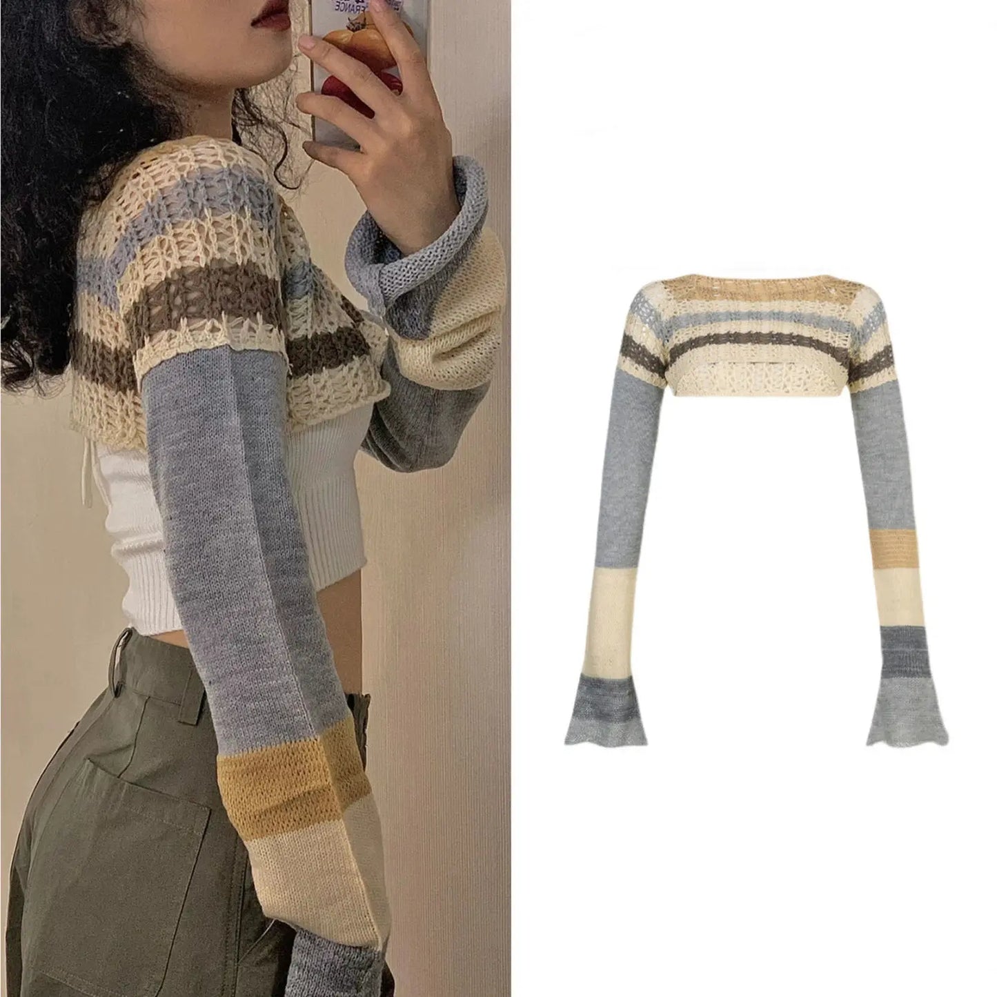 qgtao Y2K Vintage Striped Knitted Cropped Sweater Women Harajuku Hollow Out Patchwork Pullover Korean Fashion Casual Jumper