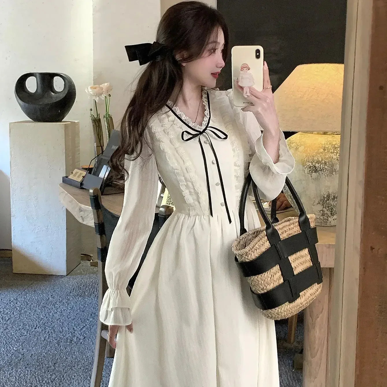 qgtao White Elegant Long Sleeve Fairy Dress Women Ruffles Design Korean Slim Party Dress Female 2024 Autumn Fashion Casual Midi Dress