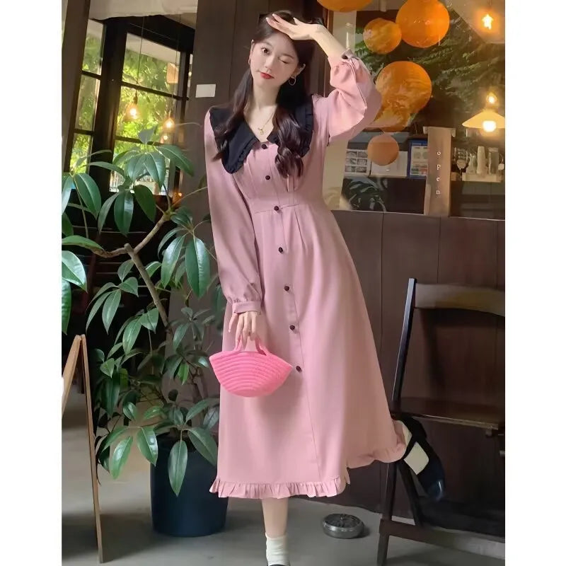 qgtao French Vintage Elegant Peter Pan Collar Pink Long Dress Women Spring Autumn Fashion Sweet design Ladies Loose Casual Midi Dress