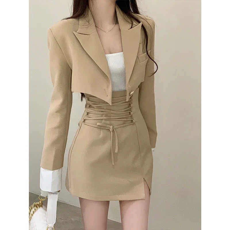 qgtao 2 Piece Dress Set Women Casual Y2k Crop Tops Elegant Jacket Coats + Mini Skirts Korean Fashion Suits 2024 Spring Blazers Dress