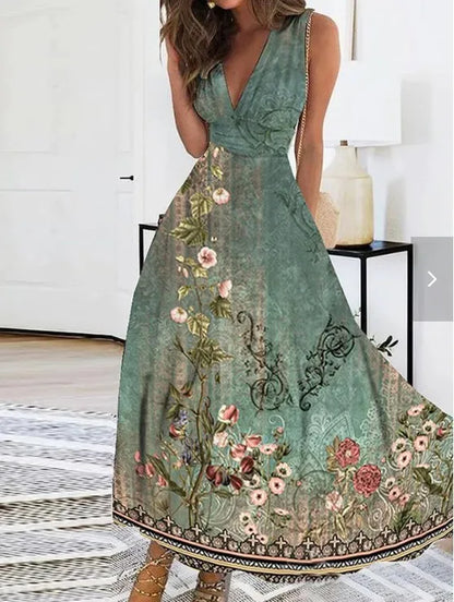 Summer Women Dress 2024 Elegant Party Sleeveless Long Dress Robe Sexy Bohemian Print Dresses Vestidos Casual Swing Sundress