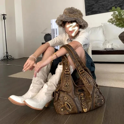 qgtao Y2k Vintage Womens Shoulder Bag Large Capacity Casual Pu Leather Tote Bag American Retro Luxury Designer Ladies Armpit Bag