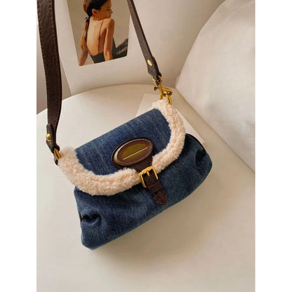 qgtao Western Cowboy American Underarm Denim Bag Fashion Retro Lamb Wool Splice Autumn Winter Crossbody Bag Women Pop New Shoulder Bag