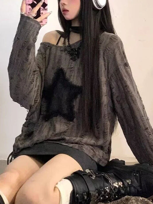 qgtao Y2K T Shirt Women Harajuku Long Sleeve Tops Ladies Oversized Vintage Hole Star T-Shirts Female Punk Graphic Off Shoulder Tees