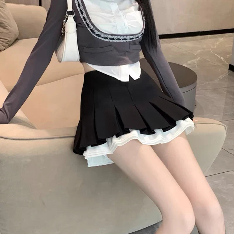 qgtao Japanese Style Mini Pleated Skirt Women Black Short Skirts Cute Grey Preppy Sweet Summer Female Ruffle Skirt Patchwork