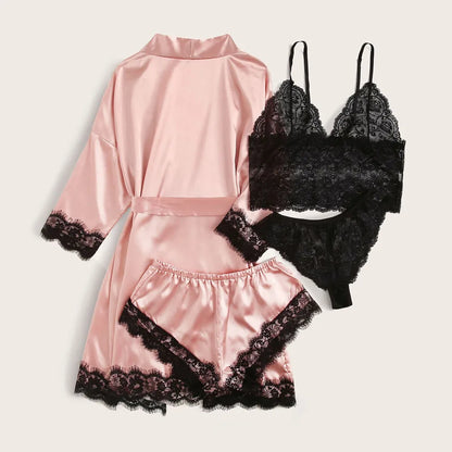 qgtao Woman Sleepwear 4pcs Floral Lace Trim Satin Pajamas Set with Robe Sexy Faux Silk Pijamas Robe Sets Casual Home Clothes Nightwear sleepwear