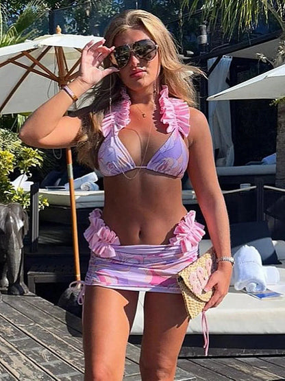 qgtao 3 Piece Bikini Women Swimsuits 2024 Female Swimwear Beachwear Swimming Suit Bathing Suit Bikini Set Floral Skirt Sarong Biquini