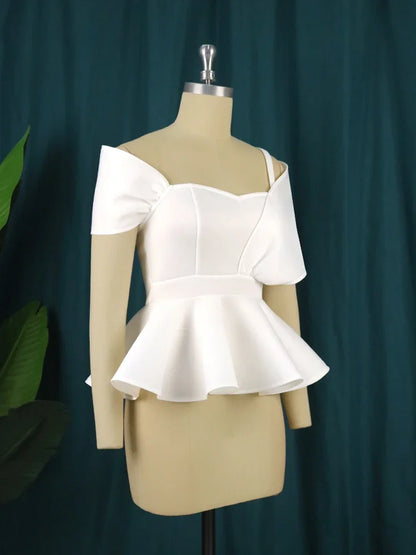 qgtao White Tops Off Shoulder Spaghetti Strap Peplum Blouses Sexy Women Party Fashion Plus Size Evening Cocktail Shirts Bluas
