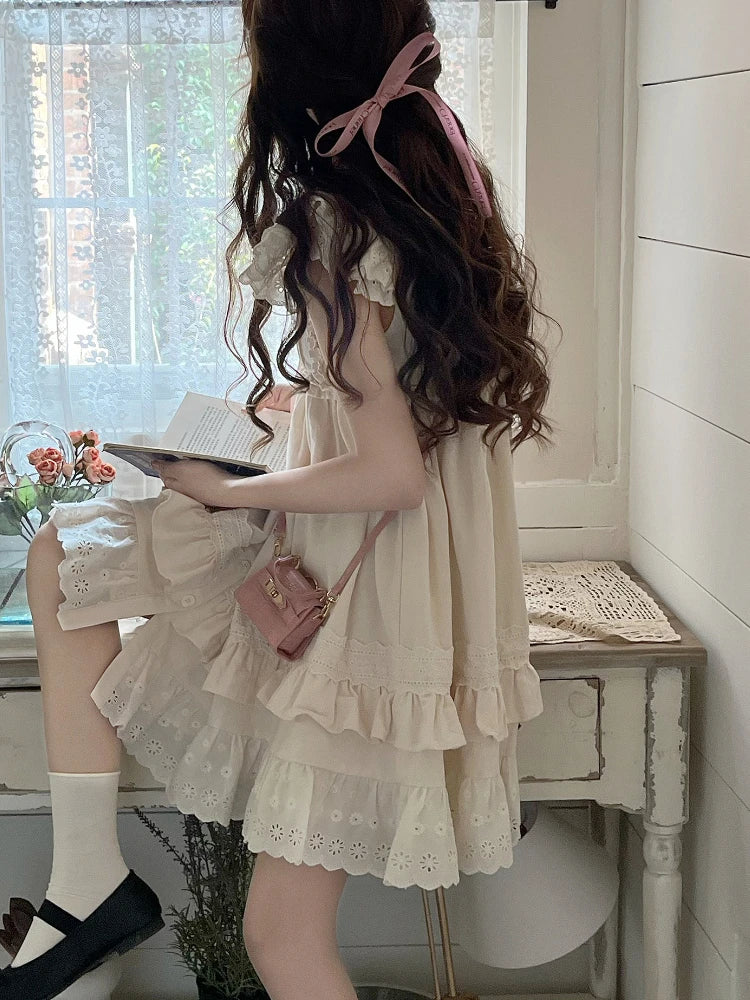 qgtao Summer Lolita Kawaii Mini Dress Women Flying Sleeve Japanese Sweet Cute Dress Female Korean Style Ruched Fairy Dress 2023 New