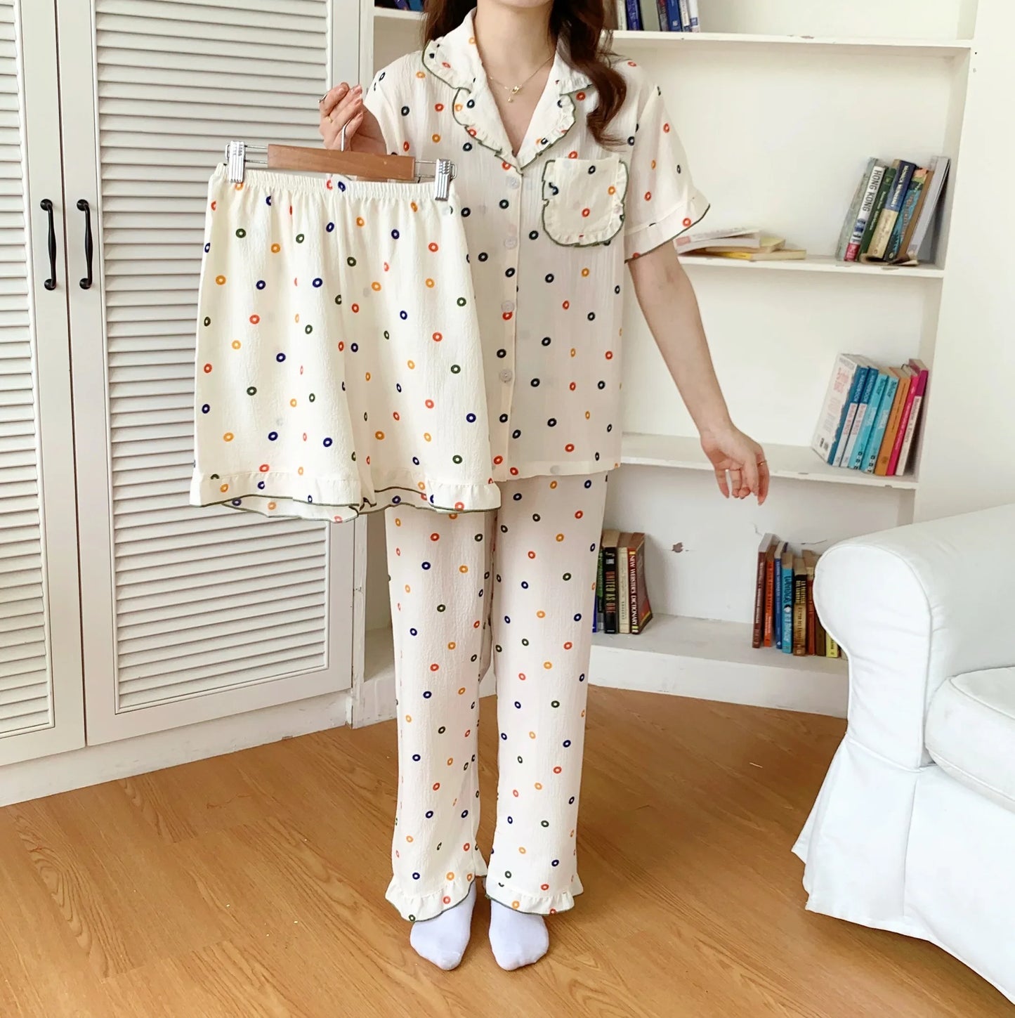 qgtao Pajamas Women's Bubble Cotton Three Piece Cardigan Short Sleeve Long Pants Shorts Fashion Simple Cute Printed Home Furnishing Sleepwear