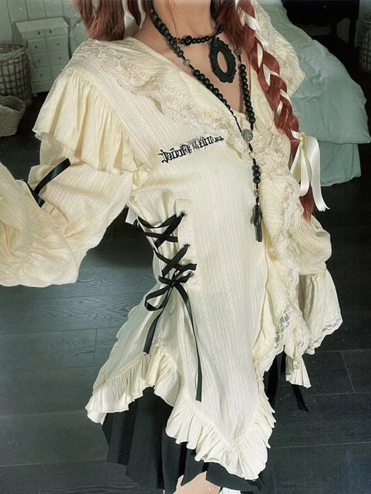 qgtao Y2K Shirt Women Lolita Irregular Lace Blouses Female Harajuku Grunge Bandage Top Ladies Aesthetics Gothic Long Sleeve Shirts