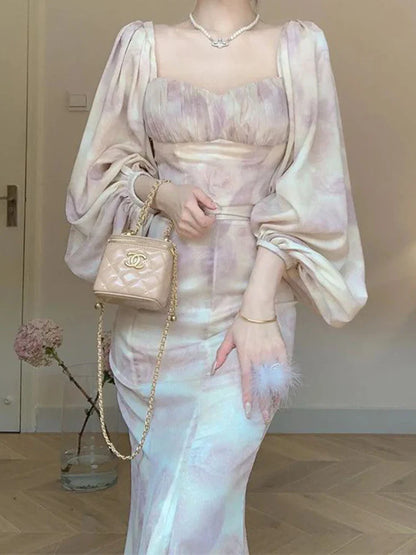 qgtao French Skirt Suit Female Spring Summer New Square Collar Lantern Sleeve Top Slim High Waist Long Skirt Two-Piece Sets Women