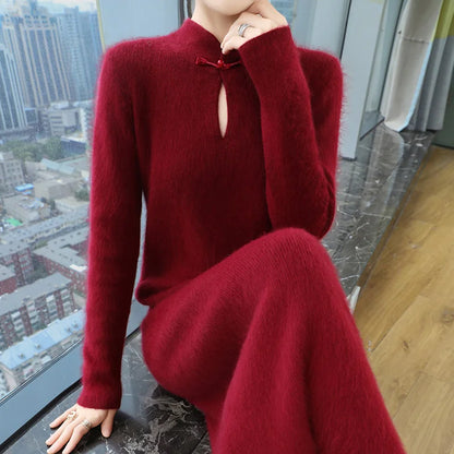 qgtao 100% Mink Cashmere Dress Women's Stand up collar Pullover Long Skirt Slim Fit Fashion Long Warm Dress Autumn Winter Solid Color