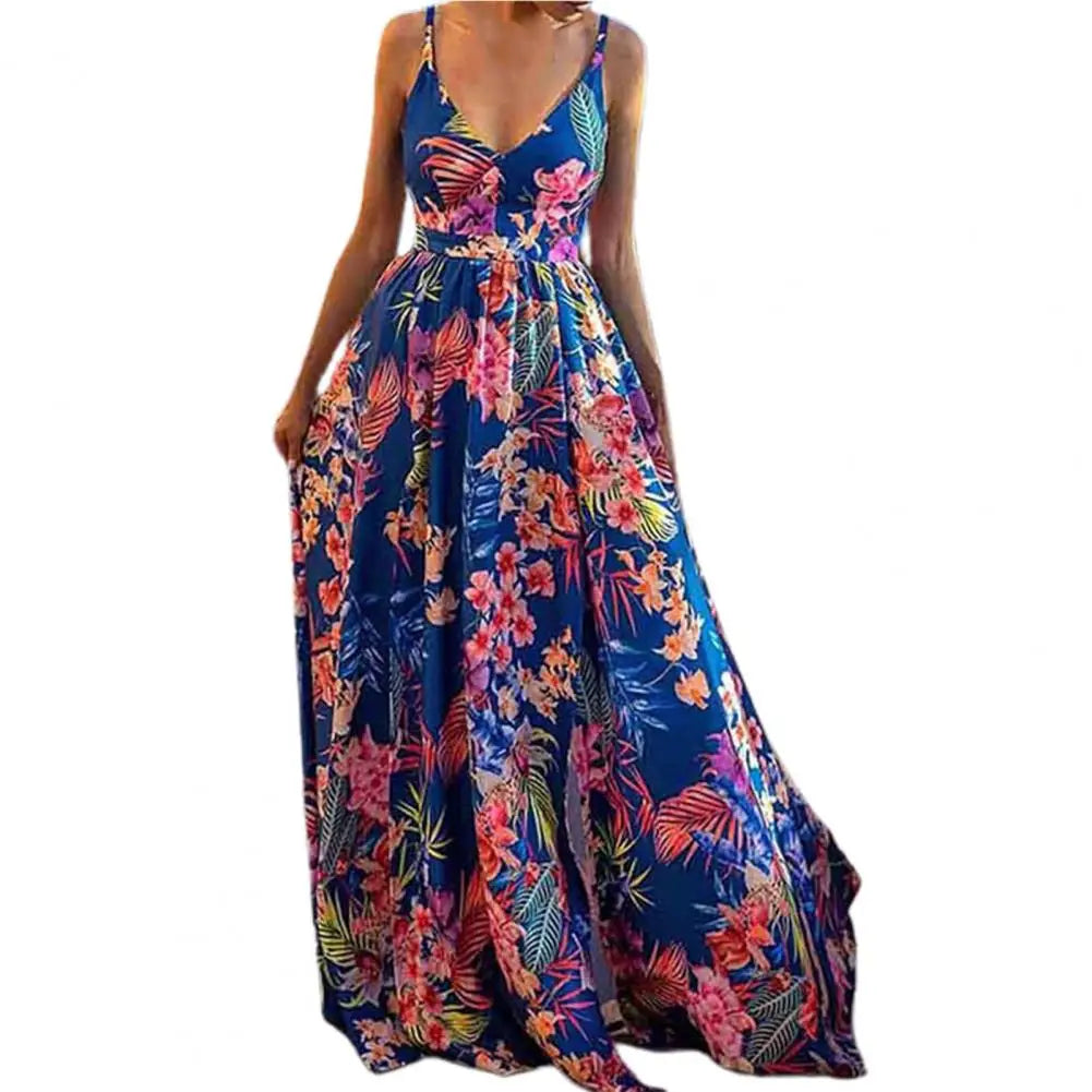 qgtao聽Summer Boho Dress Sexy Deep V-Neck Waist Tight Split Large Hem Maxi Dress Floral Print Sleeveless Sling Beach Holiday Dress