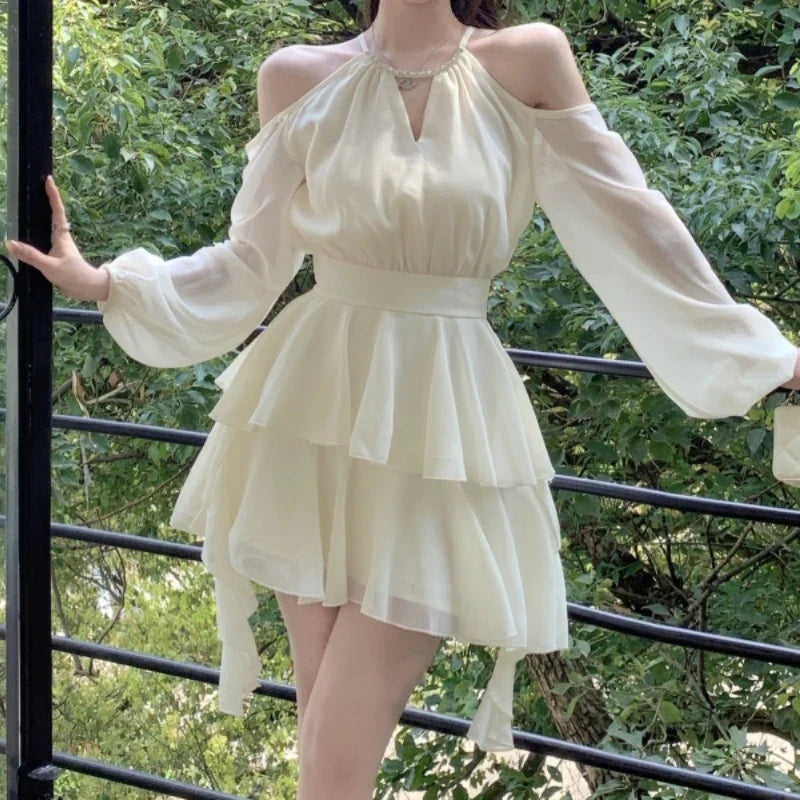 qgtao Elegant Luxury Dresses for Women Fairycore Casual Chiffon Dress Sweet Short Skirt Fashion Summer White Mini Dress Slim