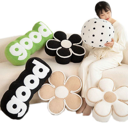 Nordic Elegant Black& WhiteCamellia Flower Cushion Good Words Pillow Stuffed Classic Dot Ball Blossom Chair Sofa Seat Home Decor
