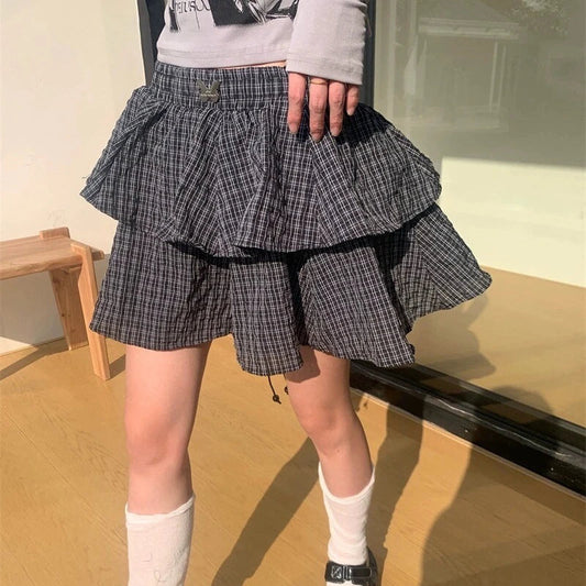 qgtao Ruffle Plaid Mini Skirt Women Kawaii Preppy Style Short Skirts Layered Sweet Cute Korean Fashion Casual Street Skirt