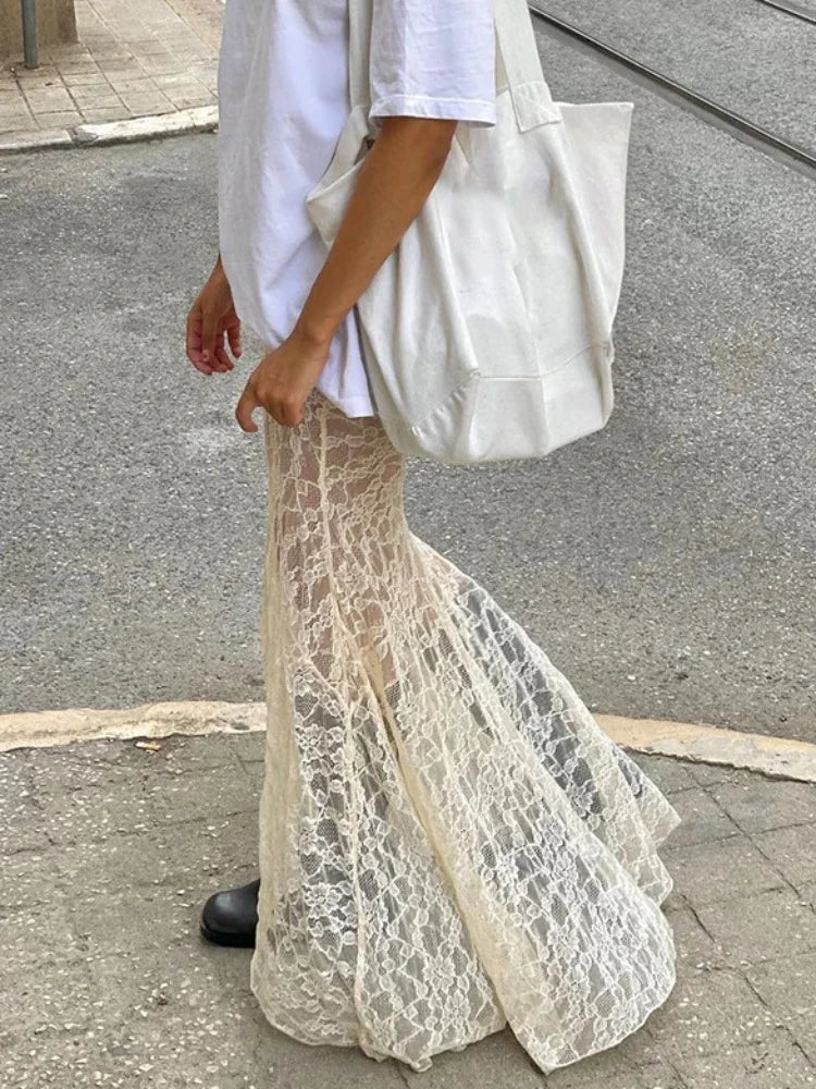 qgtao Lace Mesh Splice Long Skirts For Women 2024 See Through Sexy High Waist Maxi Skirt Femme Club Hollow Out Skirts Ladies