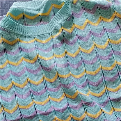 Casual Hollow Out Stripe Knitted Short Sleeve Top Women New Summer Thin Short T-shirt Korean Fashion Plus Size 4xl O-neck Female