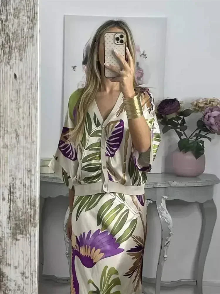 qgtao Summer Chic Printed Long Skirt Sets Women Fashion V Neck Half Sleeve Single Breasted Shirt Suits 2024  Female Commuting  Outfits