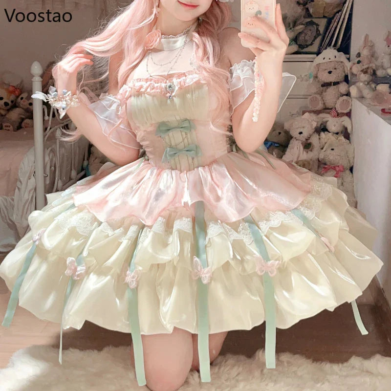 qgtao Vintage Victorian Lolita Princess Mini Dress Women Gothic Y2k Bow Lace Ruffles Sleeveless Party Dresses Girl Sweet Elegant Dress