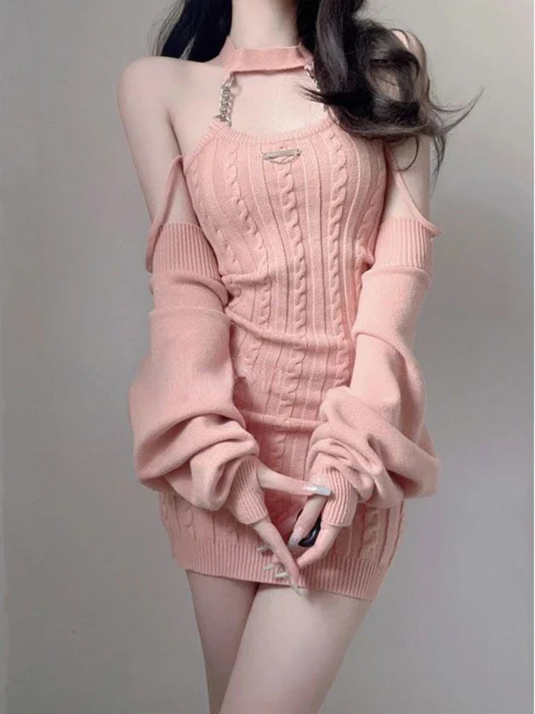 qgtao Autumn Pink Knitted Suits Office Lady Casual Y2k Crop Tops + Mini Dress Korea Fashion Clothing Even Party 2 Piece Dress Set