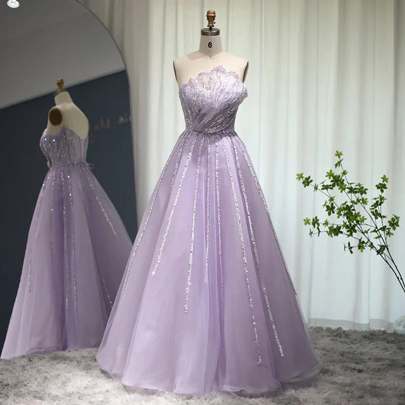 Luxury Dubai Beaded Lilac Evening Dress Elegant Scalloped Arabic Women Formal Prom Dresses for Wedding Party