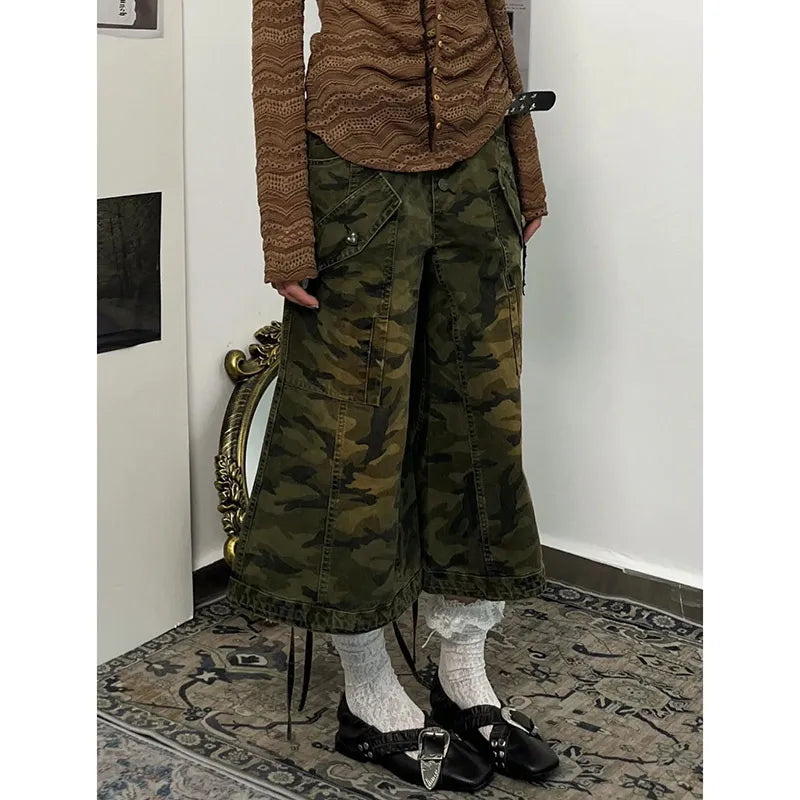 qgtao  -  Women's Shorts Jeans camouflage High Waist Straight Pants Streetwear Harajuku Y2K Female Wide Leg Denim Five Points Trouser 2024