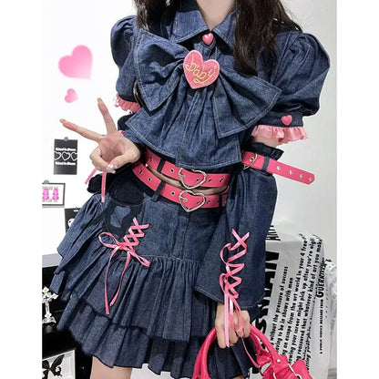 qgtao Y2K Set Sweetheart Spicy Girl dress skirt sets Women's 2024 Summer Bubble Sleeve Bowtie Campus Style 2 piece sets womens outfits