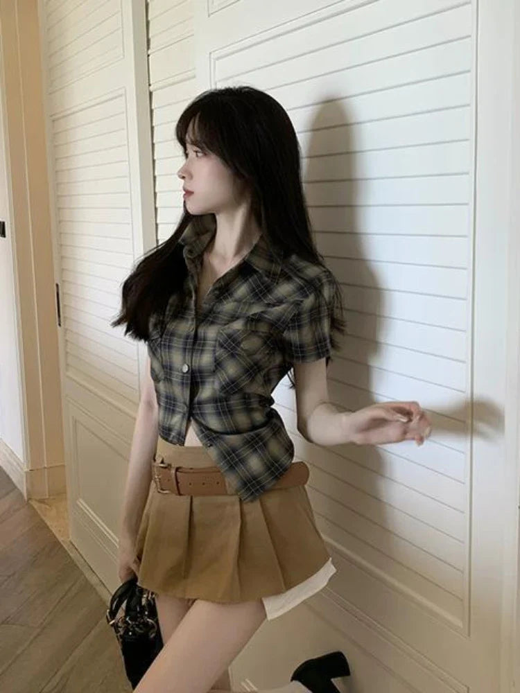 qgtao  -   Vintage Short Sleeve Plaid Shirt Women 90s Button Up Cardigan Blouse Female American Retro Sexy Cargo Tight Tops
