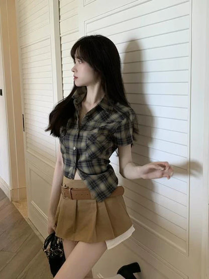 qgtao  -   Vintage Short Sleeve Plaid Shirt Women 90s Button Up Cardigan Blouse Female American Retro Sexy Cargo Tight Tops