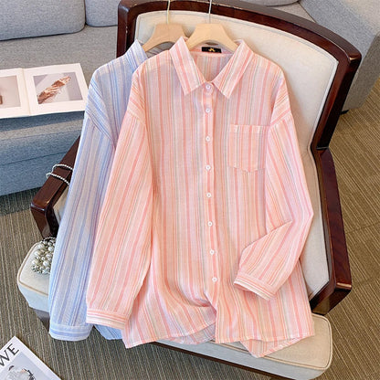 qgtao Plus Size women's spring casual commuter shirt terylene cotton fabric striped top medium long pocket top comfortable breathable
