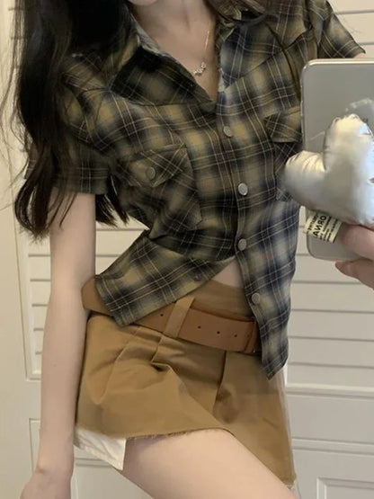 qgtao  -   Vintage Short Sleeve Plaid Shirt Women 90s Button Up Cardigan Blouse Female American Retro Sexy Cargo Tight Tops