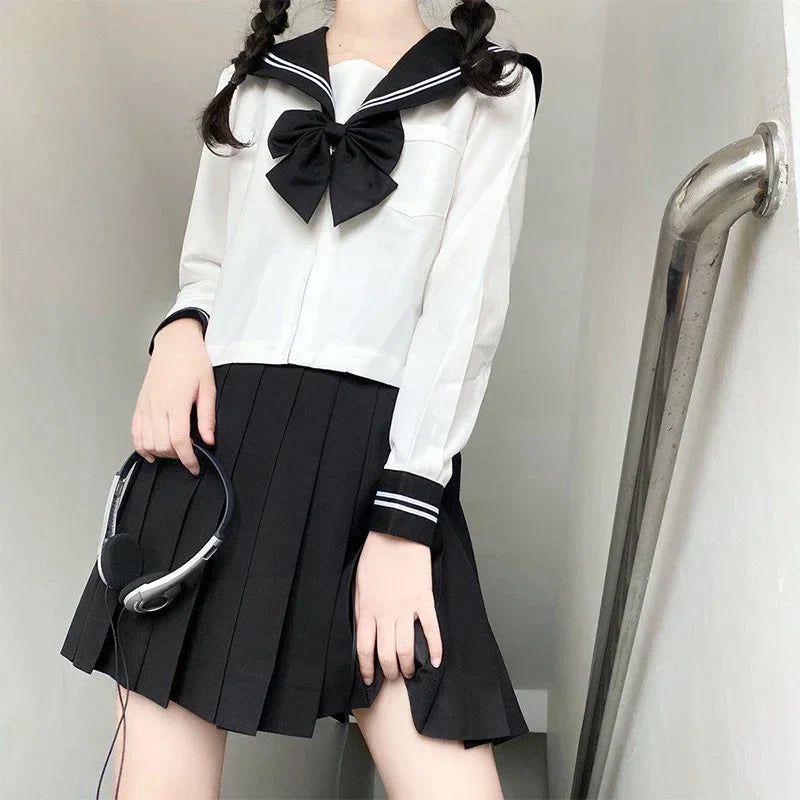 qgtao Japanese School Uniform Black Suit Sailor JK S-2XL Basic Cartoon Girl Navy Sailor Uniform sets Navy Costume Women girl costume