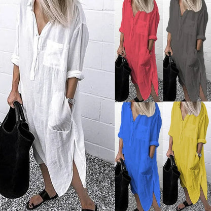 qgtao Plus Size Summer Women's Solid Color Split Dress Elegant Casual Button Pocket V-Neck Long Sleeve Lined Long Lined Dress 2024