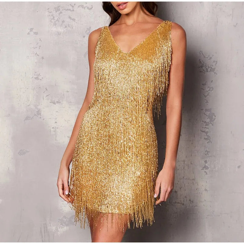 qgtao New Sexy Tassel Sequins Feather Mini Dress Women Spaghetti Strap Stitching Dresses Female Elegant Evening Party Club Dress